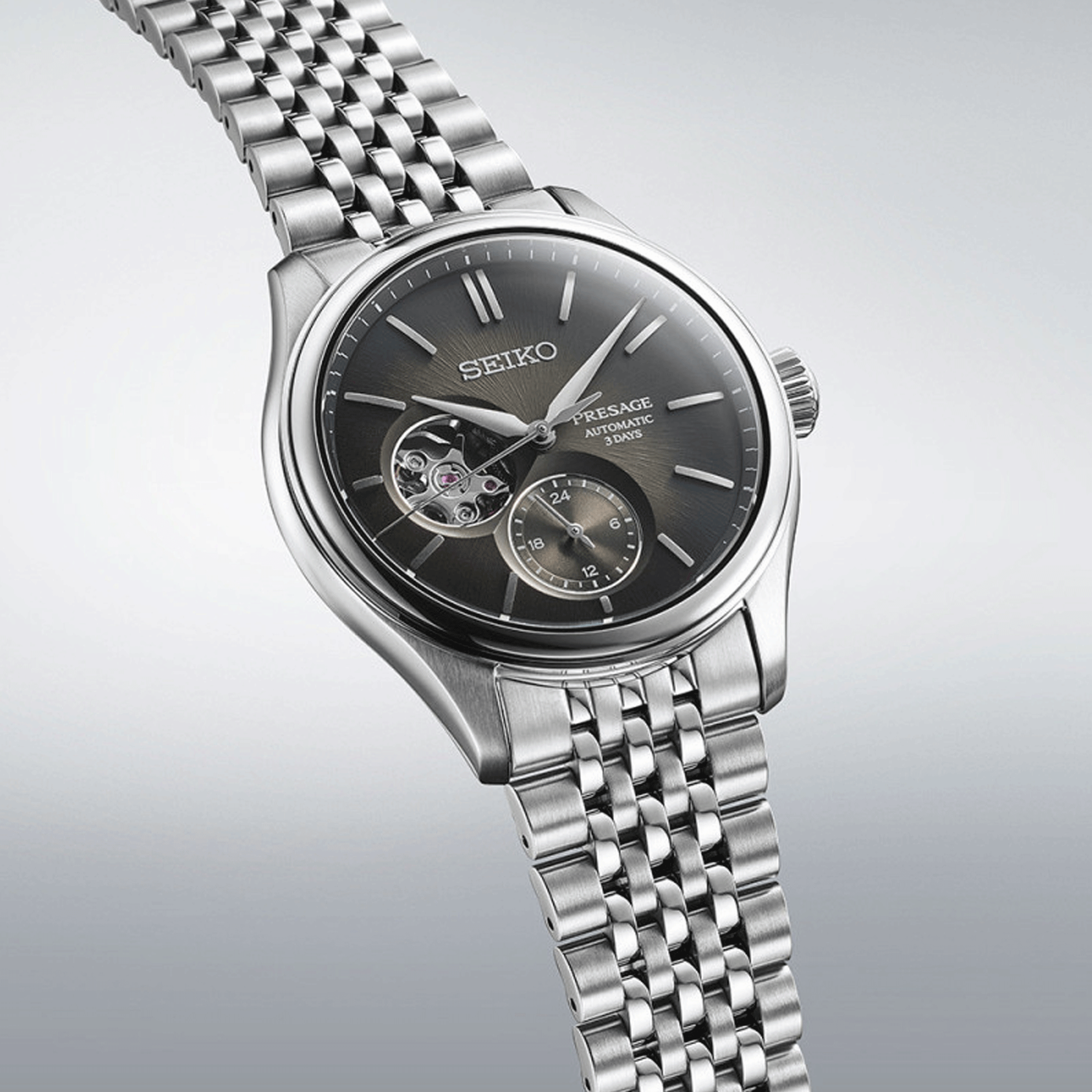 Montre Seiko Presage Cœur Ouvert automatique cadran noir bracelet acier 40,2 mm SPB471J1