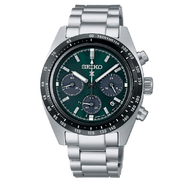 Montre Seiko Prospex Chronographe quartz solaire cadran vert bracelet acier 39 mm SSC933P1