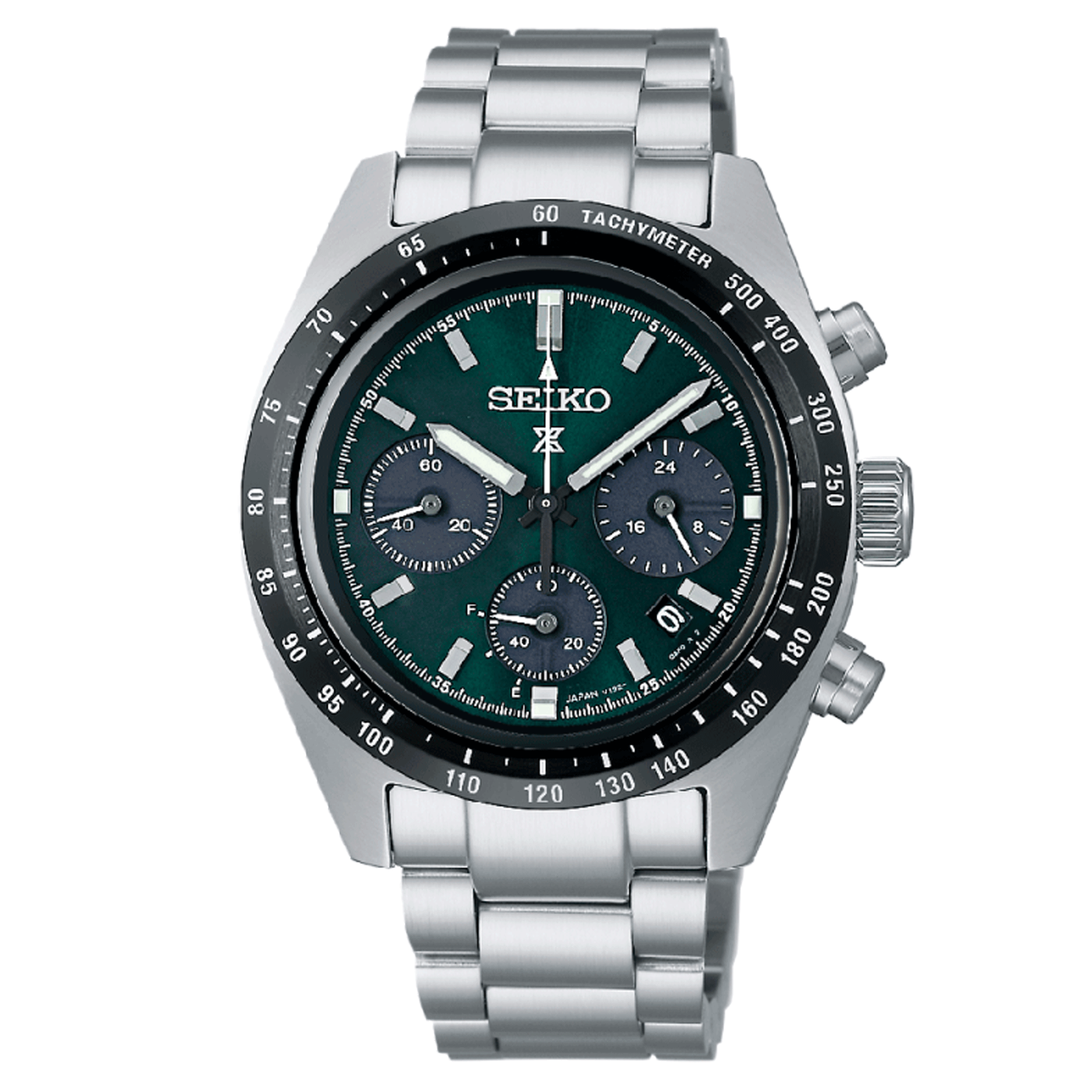 Montre Seiko Prospex Chronographe quartz solaire cadran vert bracelet acier 39 mm SSC933P1