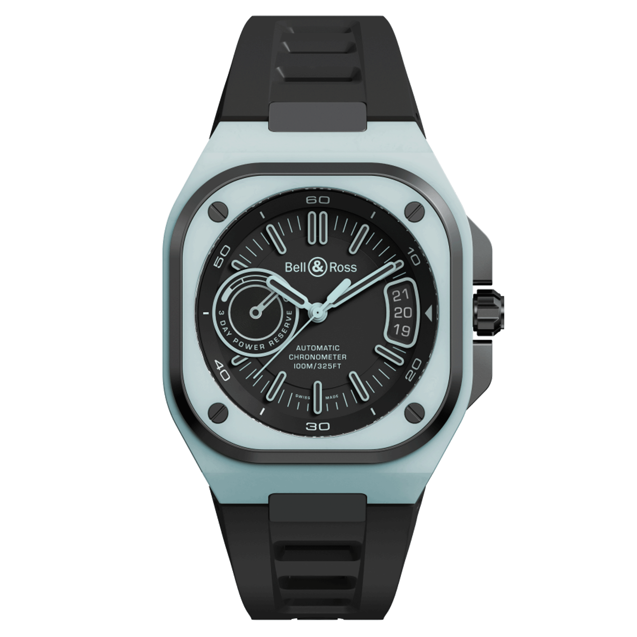 Bell & Ross BR X5 Blue Lum automatic watch black dial black rubber strap 41 mm BRX5R-BLUM-TC/SRB