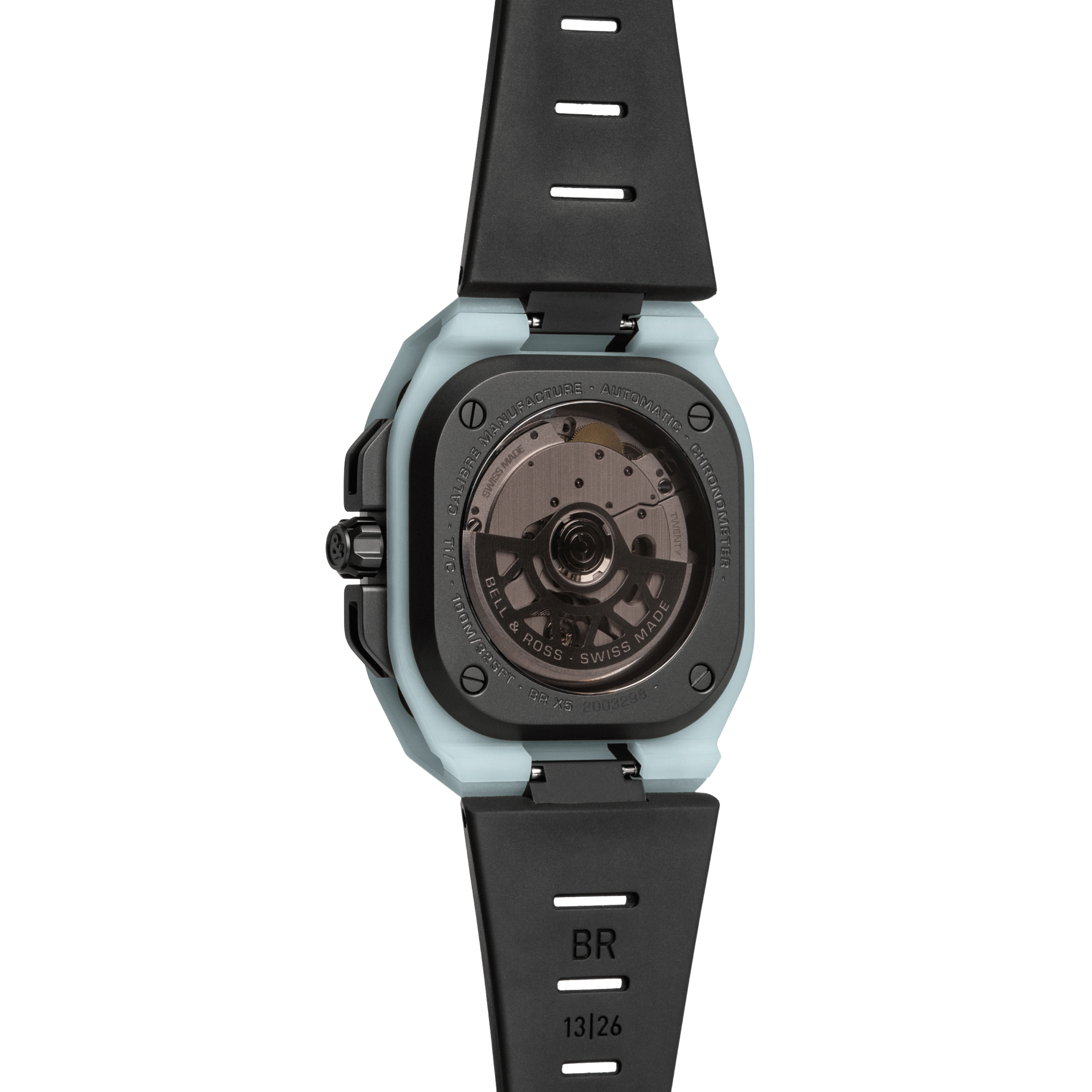 Montre Bell & Ross BR X5 Blue Lum automatique cadran noir bracelet caoutchouc noir 41 mm BRX5R-BLUM-TC/SRB