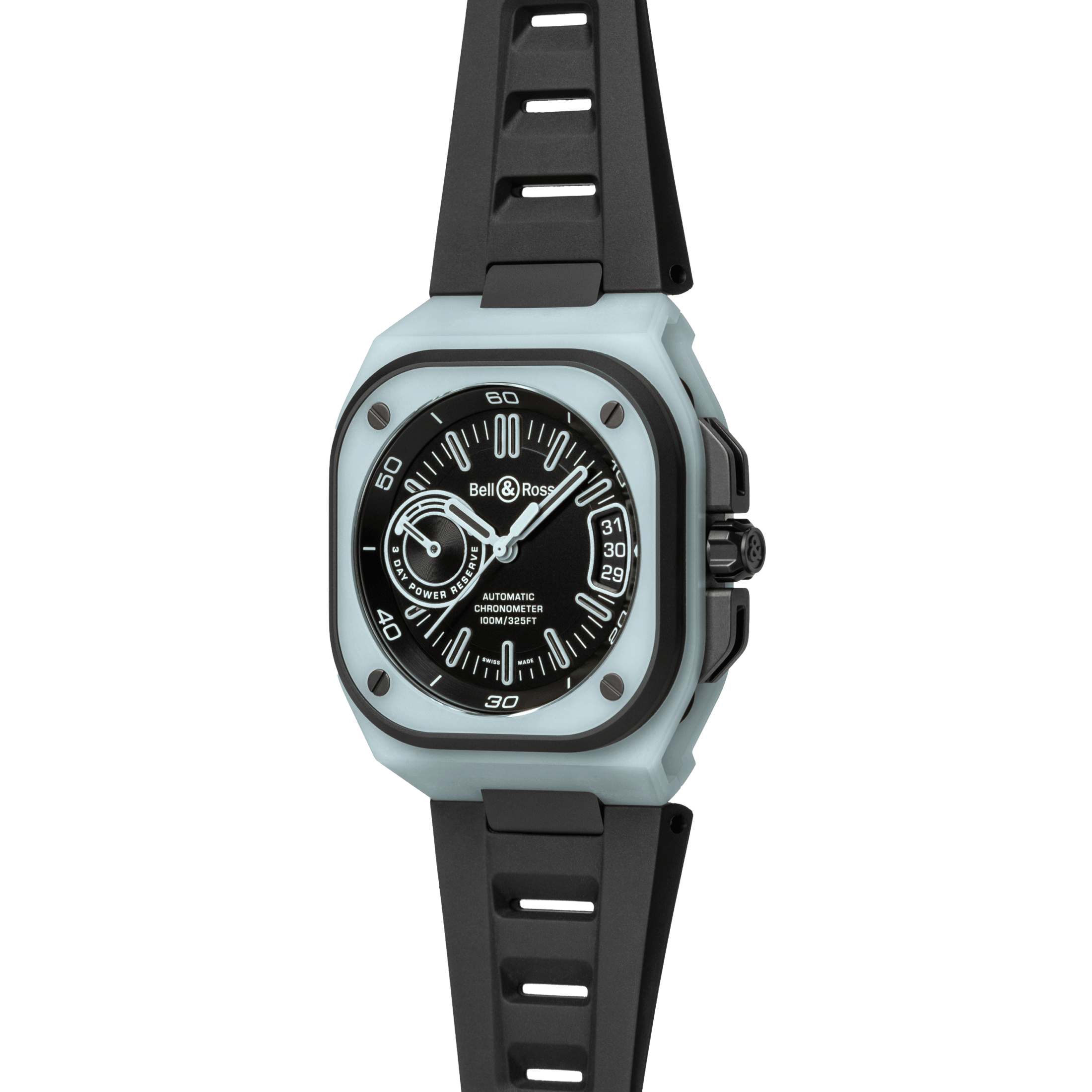 Bell & Ross BR X5 Blue Lum automatic watch black dial black rubber strap 41 mm BRX5R-BLUM-TC/SRB