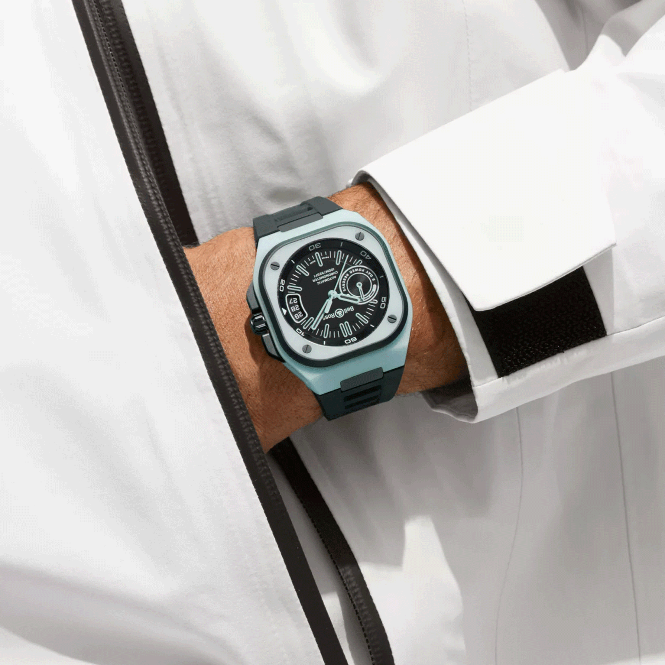 Bell & Ross BR X5 Blue Lum automatic watch black dial black rubber strap 41 mm BRX5R-BLUM-TC/SRB