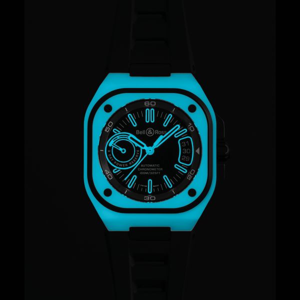 Bell & Ross BR X5 Blue Lum automatic watch black dial black rubber strap 41 mm BRX5R-BLUM-TC/SRB