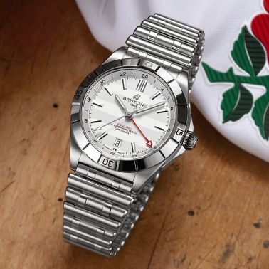 Breitling Chronomat GMT Six Nations England automatic watch silver dial steel bracelet 40 mm A323985B1A1A1