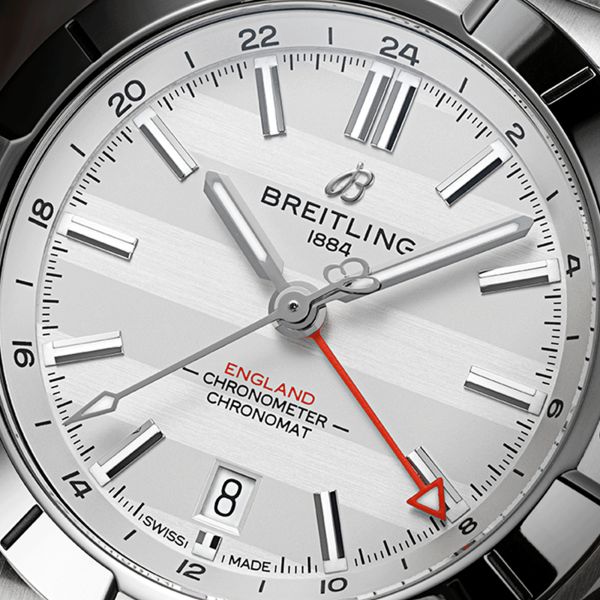 Breitling Chronomat GMT Six Nations England automatic watch silver dial steel bracelet 40 mm A323985B1A1A1