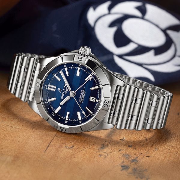 Breitling Chronomat GMT Six Nations Scotland automatic watch blue dial steel bracelet 40 mm A323986B1C1A1
