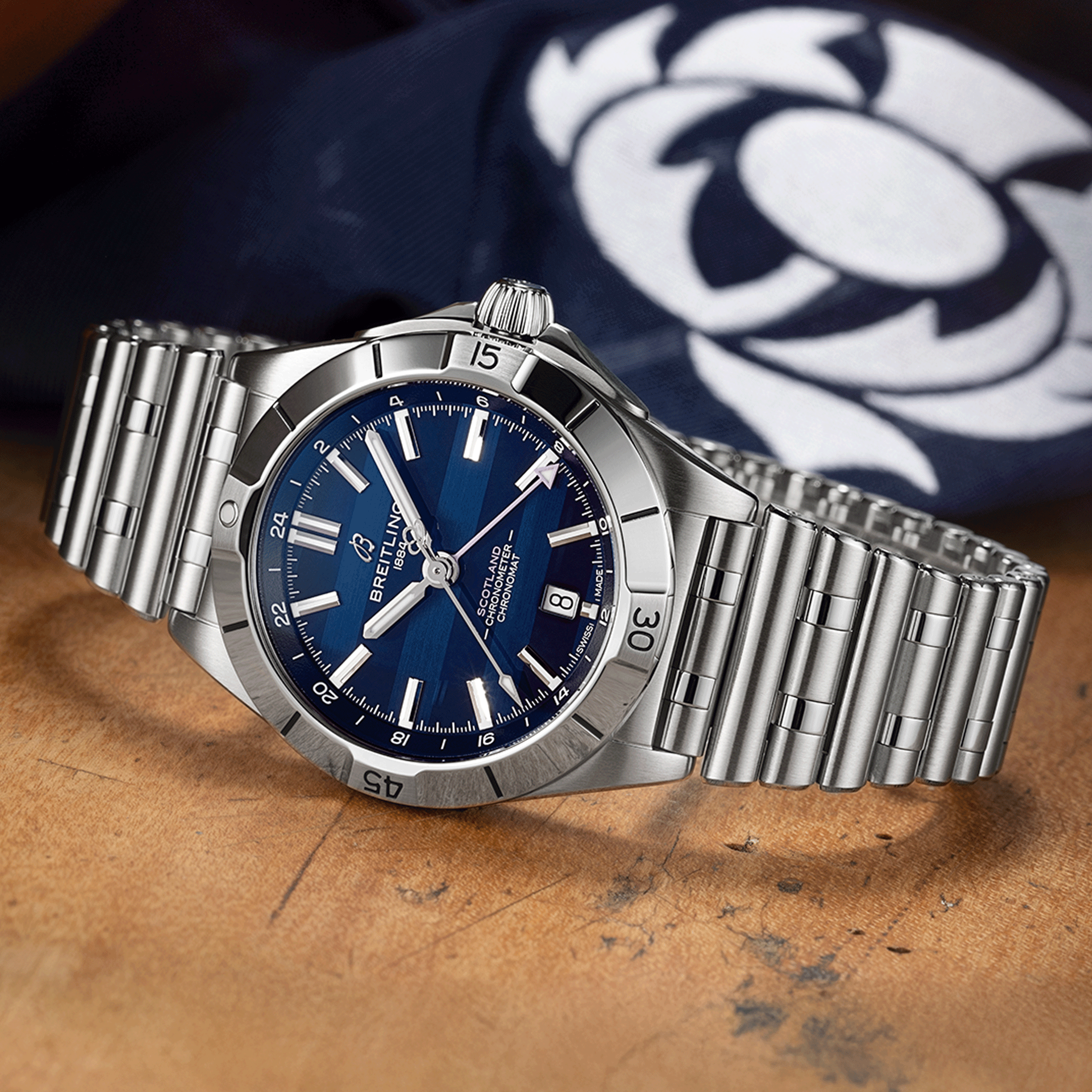 Breitling Chronomat GMT Six Nations Scotland automatic watch blue dial steel bracelet 40 mm A323986B1C1A1