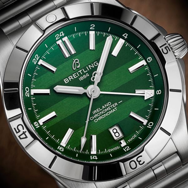 Breitling Chronomat GMT Six Nations Ireland automatic watch green dial steel bracelet 40 mm A323987B1L1A1