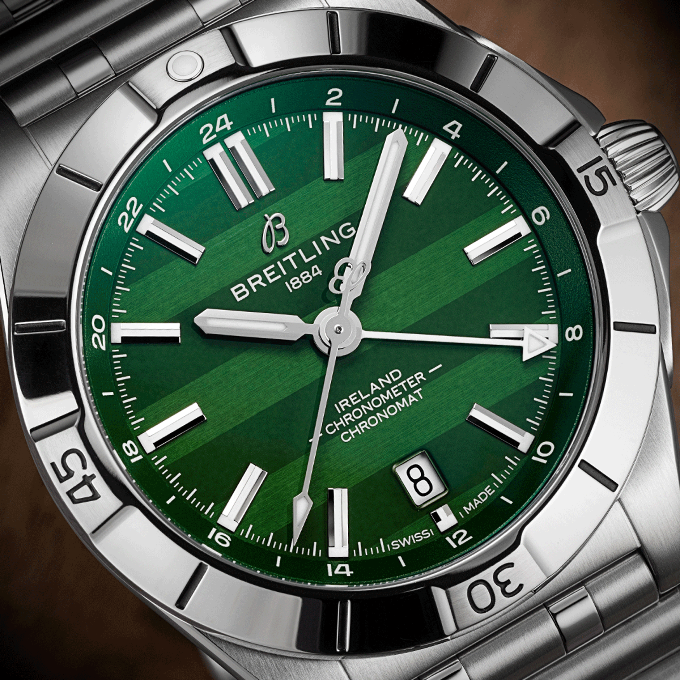 Breitling Chronomat GMT Six Nations Ireland automatic watch green dial steel bracelet 40 mm A323987B1L1A1