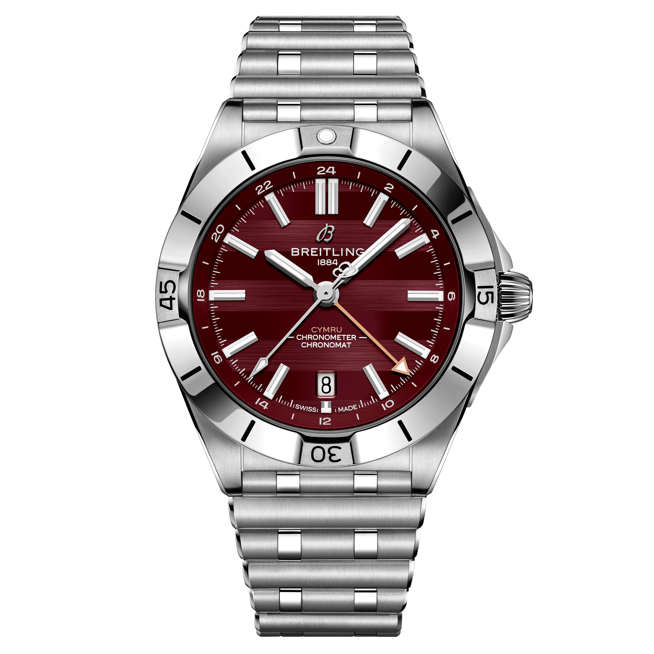 Breitling Chronomat GMT Six Nations Wales automatic watch burgundy dial steel bracelet 40 mm A323988B1K1A1