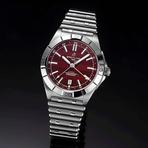 Breitling Chronomat GMT Six Nations Wales automatic watch burgundy dial steel bracelet 40 mm A323988B1K1A1
