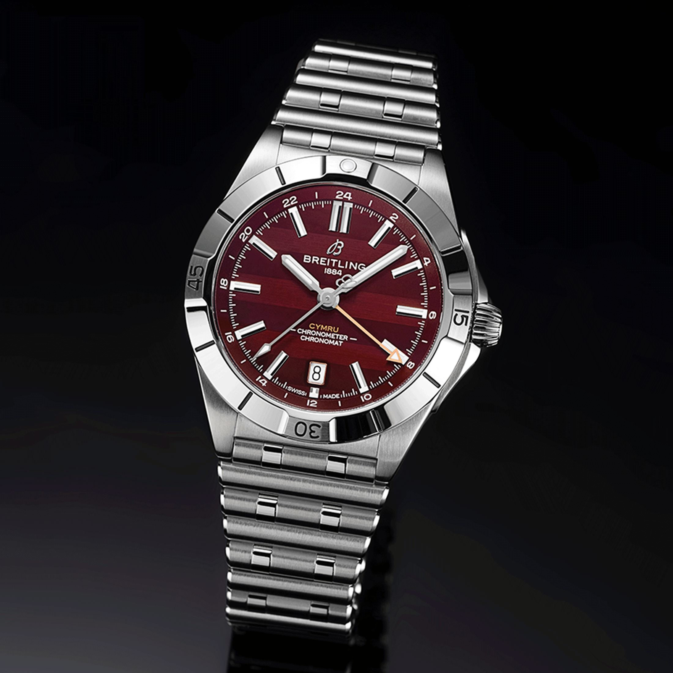 Breitling Chronomat GMT Six Nations Wales automatic watch burgundy dial steel bracelet 40 mm A323988B1K1A1