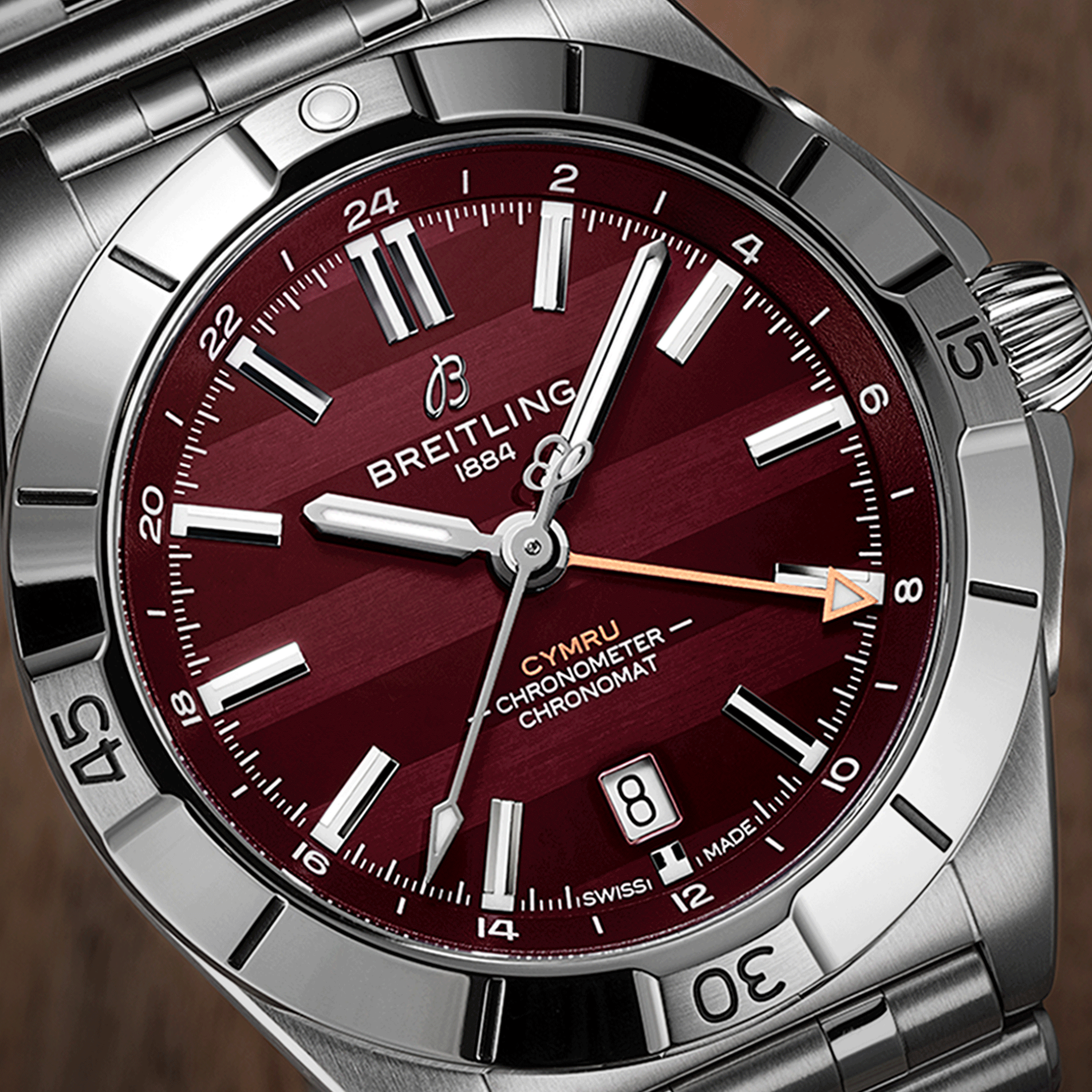 Breitling Chronomat GMT Six Nations Wales automatic watch burgundy dial steel bracelet 40 mm A323988B1K1A1