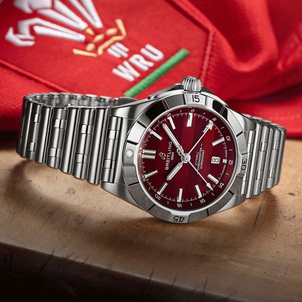 Breitling Chronomat GMT Six Nations Wales automatic watch burgundy dial steel bracelet 40 mm A323988B1K1A1