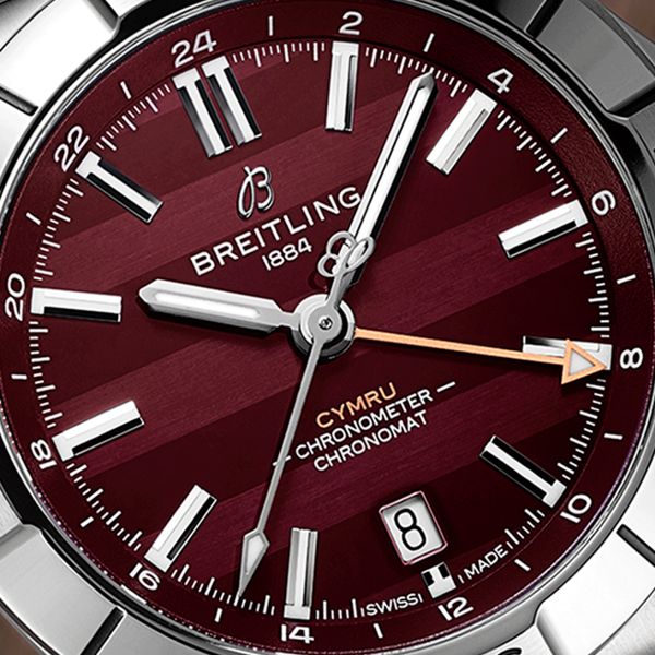 Breitling Chronomat GMT Six Nations Wales automatic watch burgundy dial steel bracelet 40 mm A323988B1K1A1
