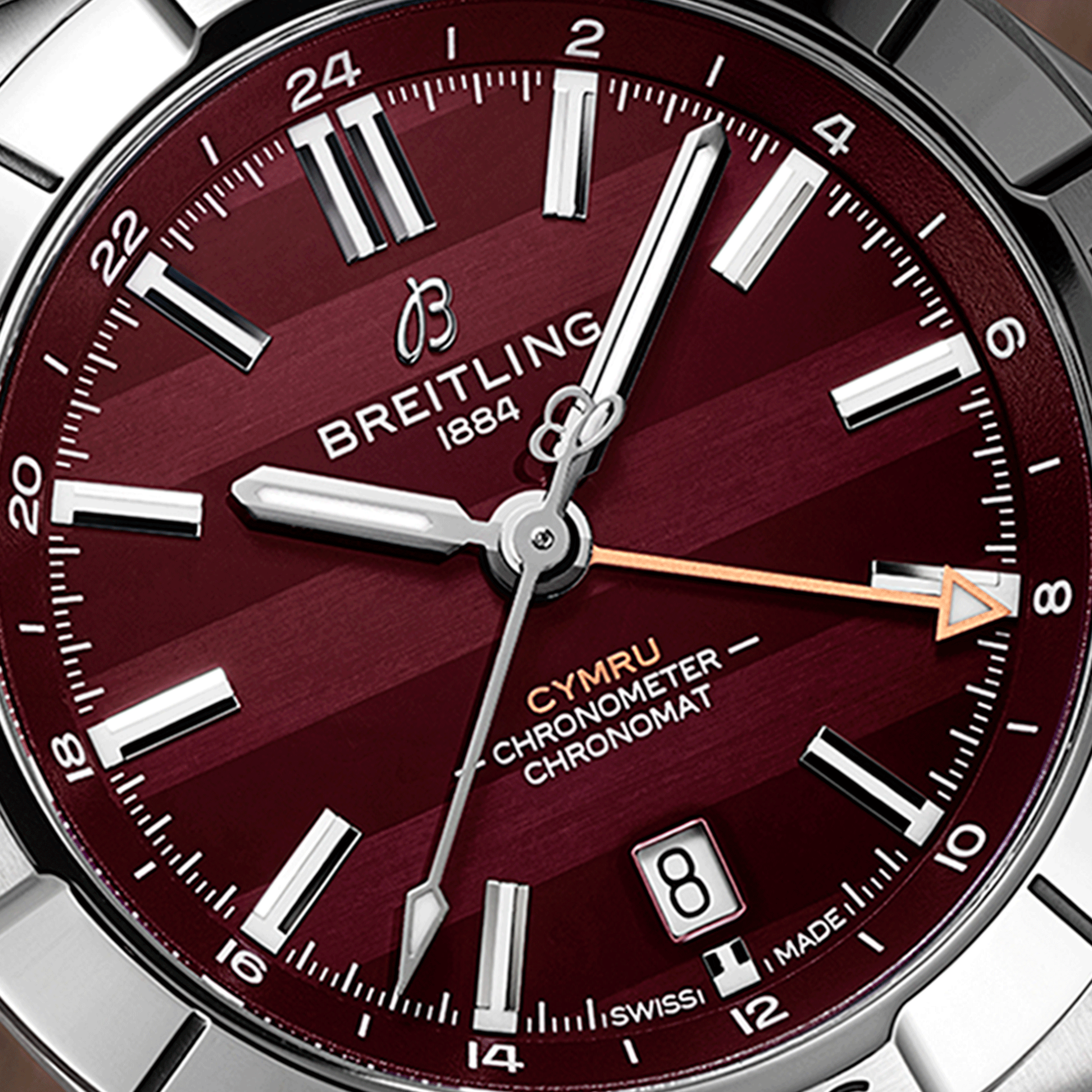 Breitling Chronomat GMT Six Nations Wales automatic watch burgundy dial steel bracelet 40 mm A323988B1K1A1