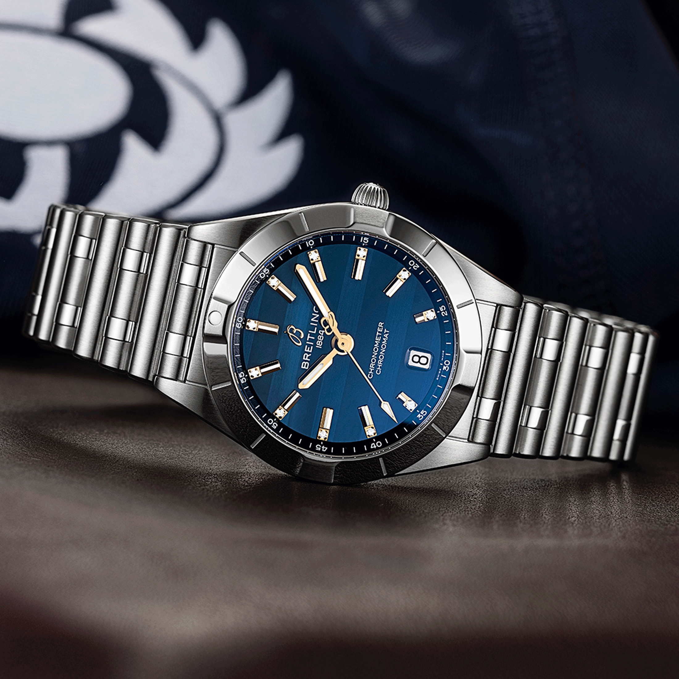 Breitling Chronomat Six Nations Scotland quartz watch blue dial steel bracelet 32 mm A773106A1C1A1