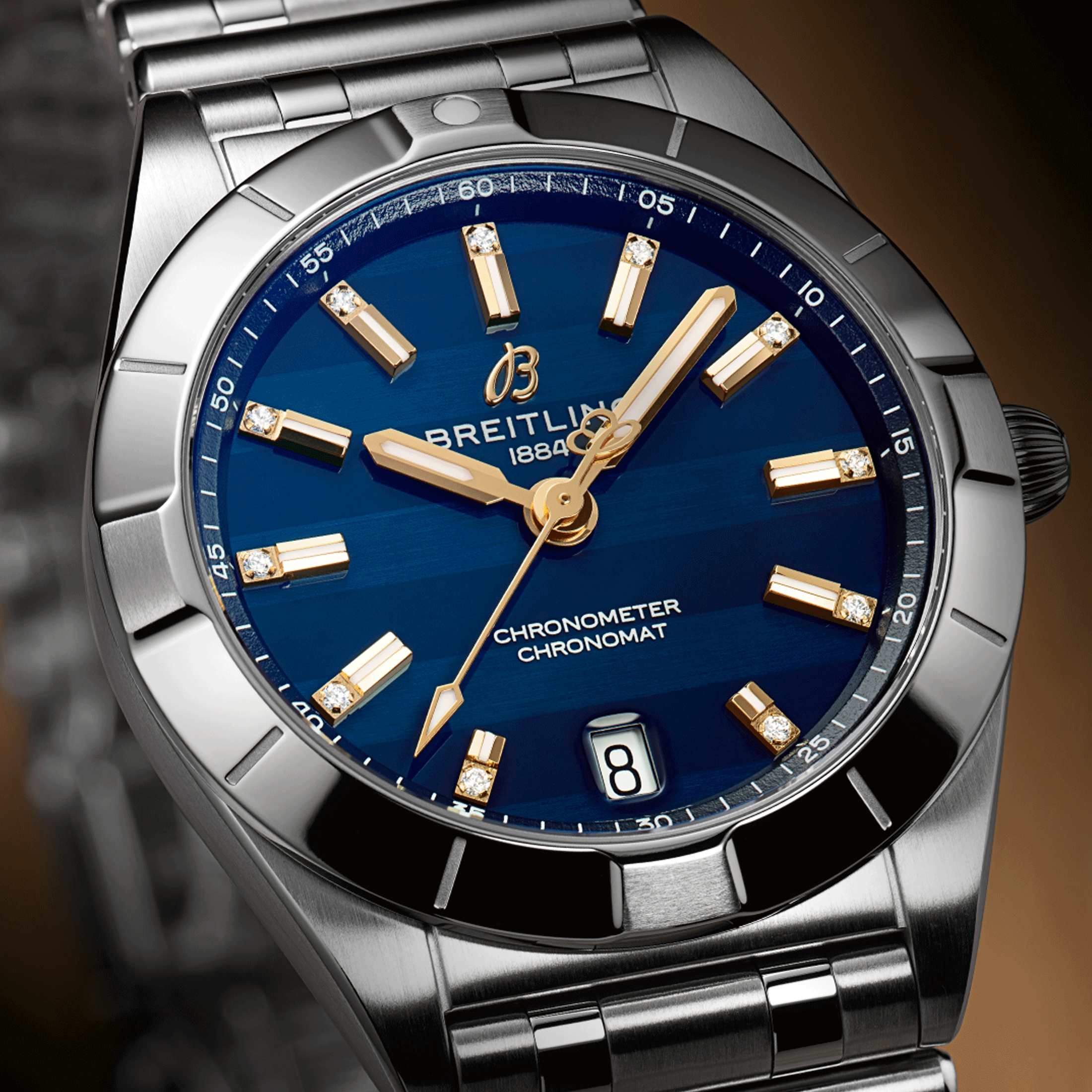 Breitling Chronomat Six Nations Scotland quartz watch blue dial steel bracelet 32 mm A773106A1C1A1