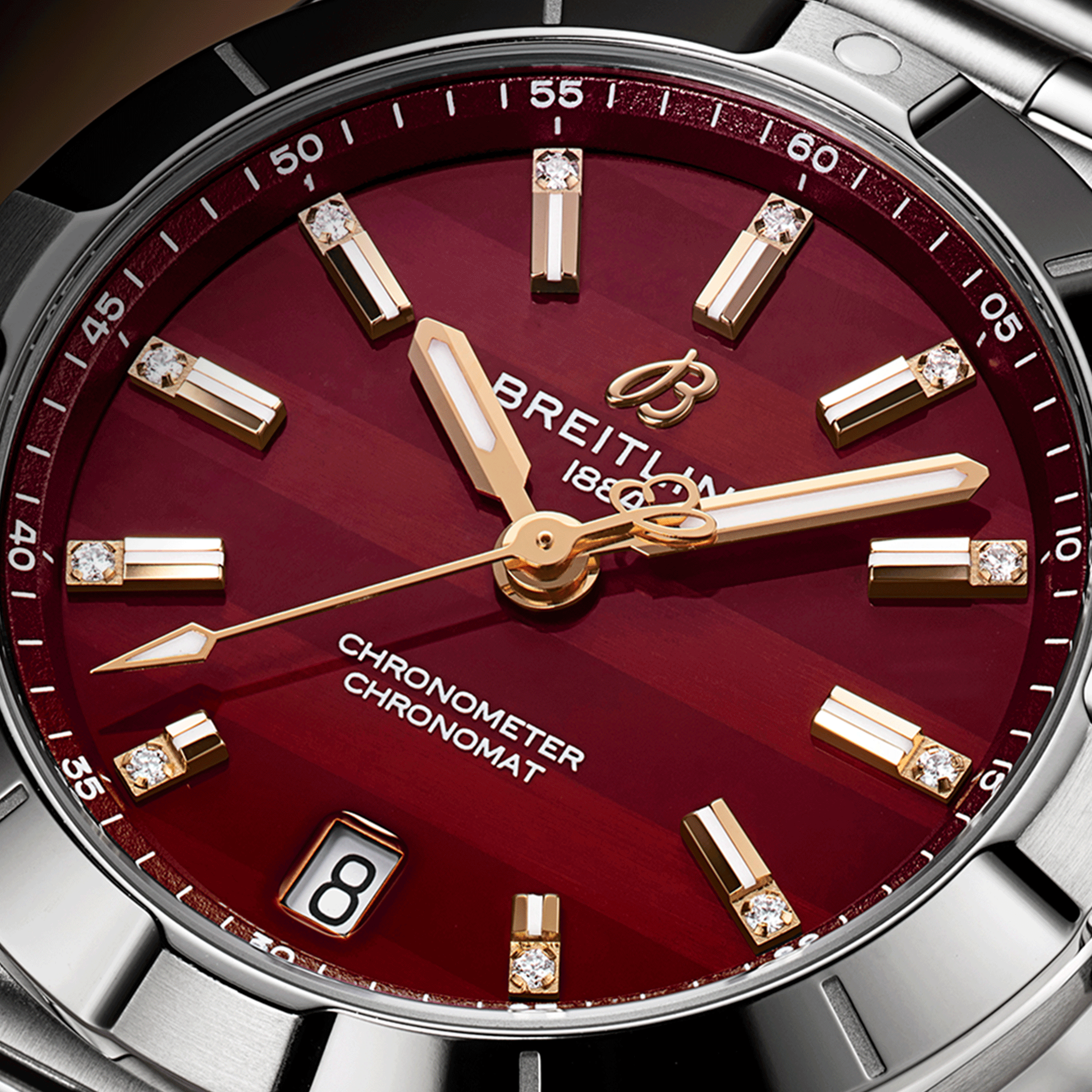 Breitling Chronomat Six Nations Wales quartz watch burgundy dial steel bracelet 32 mm A773108A1K1A1