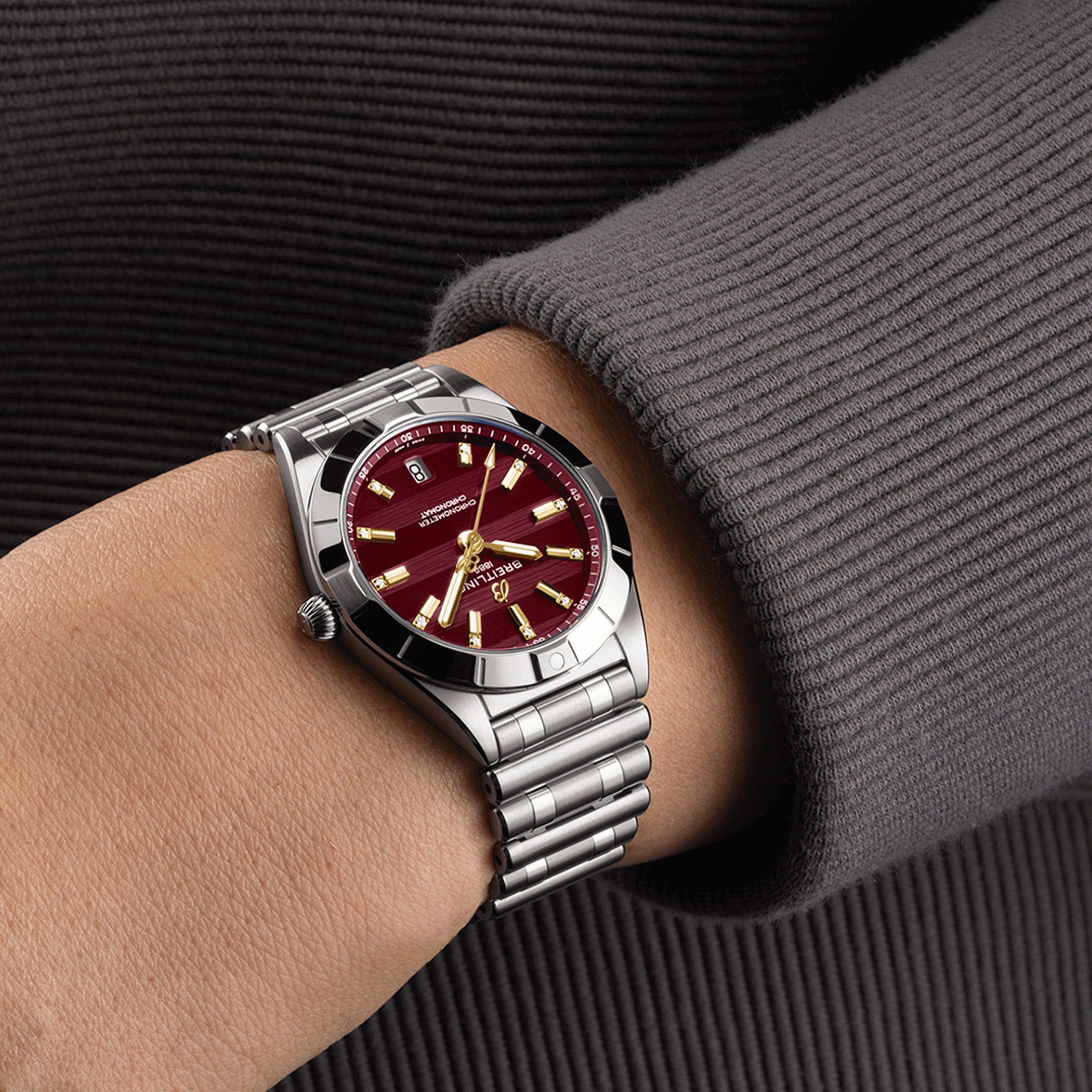 Breitling Chronomat Six Nations Wales quartz watch burgundy dial steel bracelet 32 mm A773108A1K1A1