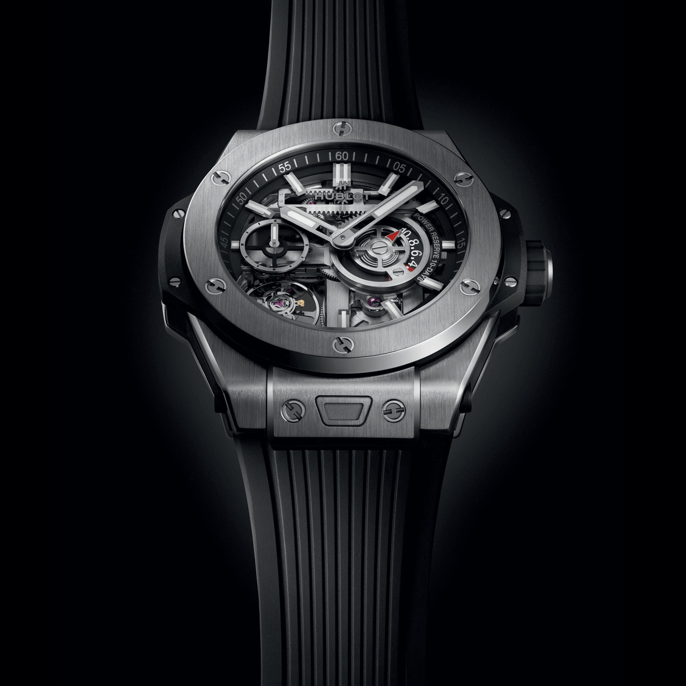 Montre Hublot Big Bang Meca-10 Titanium mécanique cadran squelette bracelet caoutchouc noir 42 mm 444.NX.1170.RX