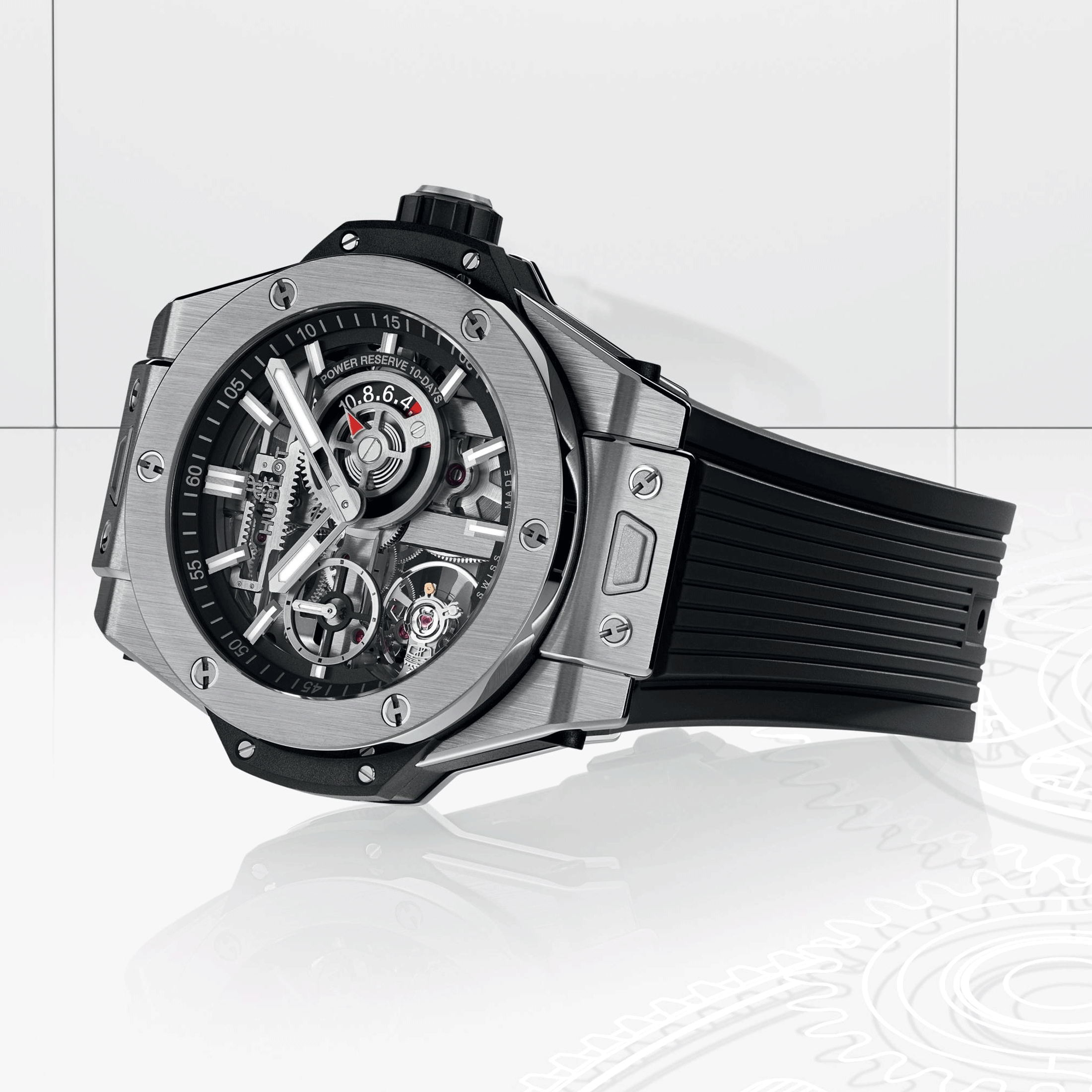 Hublot Big Bang Meca-10 Titanium mechanical watch skeleton dial black rubber strap 42 mm 444.NX.1170.RX