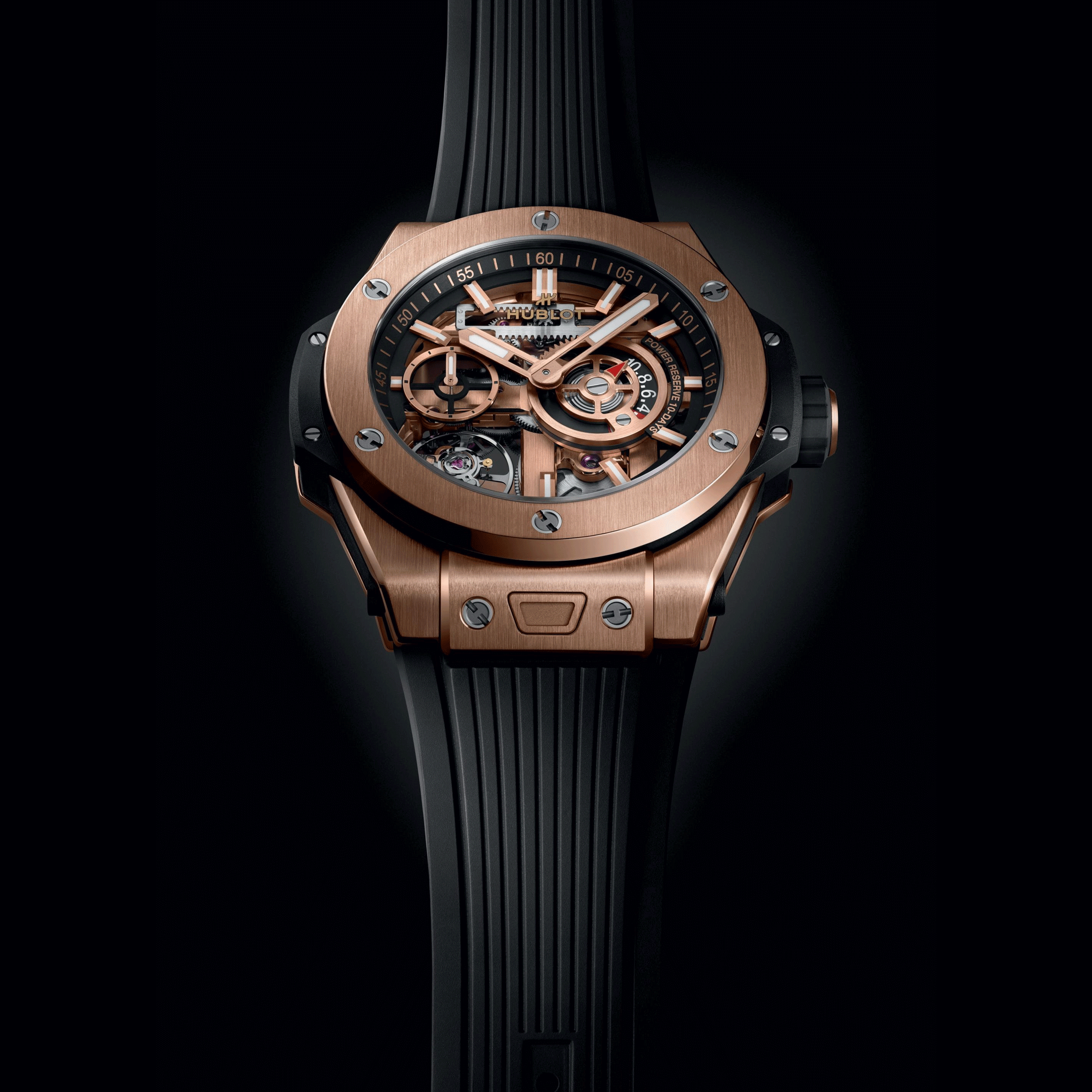 Hublot Big Bang Meca-10 King Gold mechanical watch skeleton dial black rubber strap 42 mm 444.OX.1180.RX