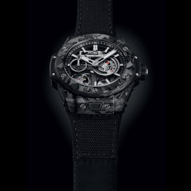 Hublot Big Bang Meca-10 Frosted Carbon mechanical watch skeleton dial black fabric strap 42 mm 444.QN.1170.NR