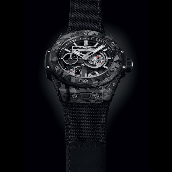 Hublot Big Bang Meca-10 Frosted Carbon mechanical watch skeleton dial black fabric strap 42 mm 444.QN.1170.NR