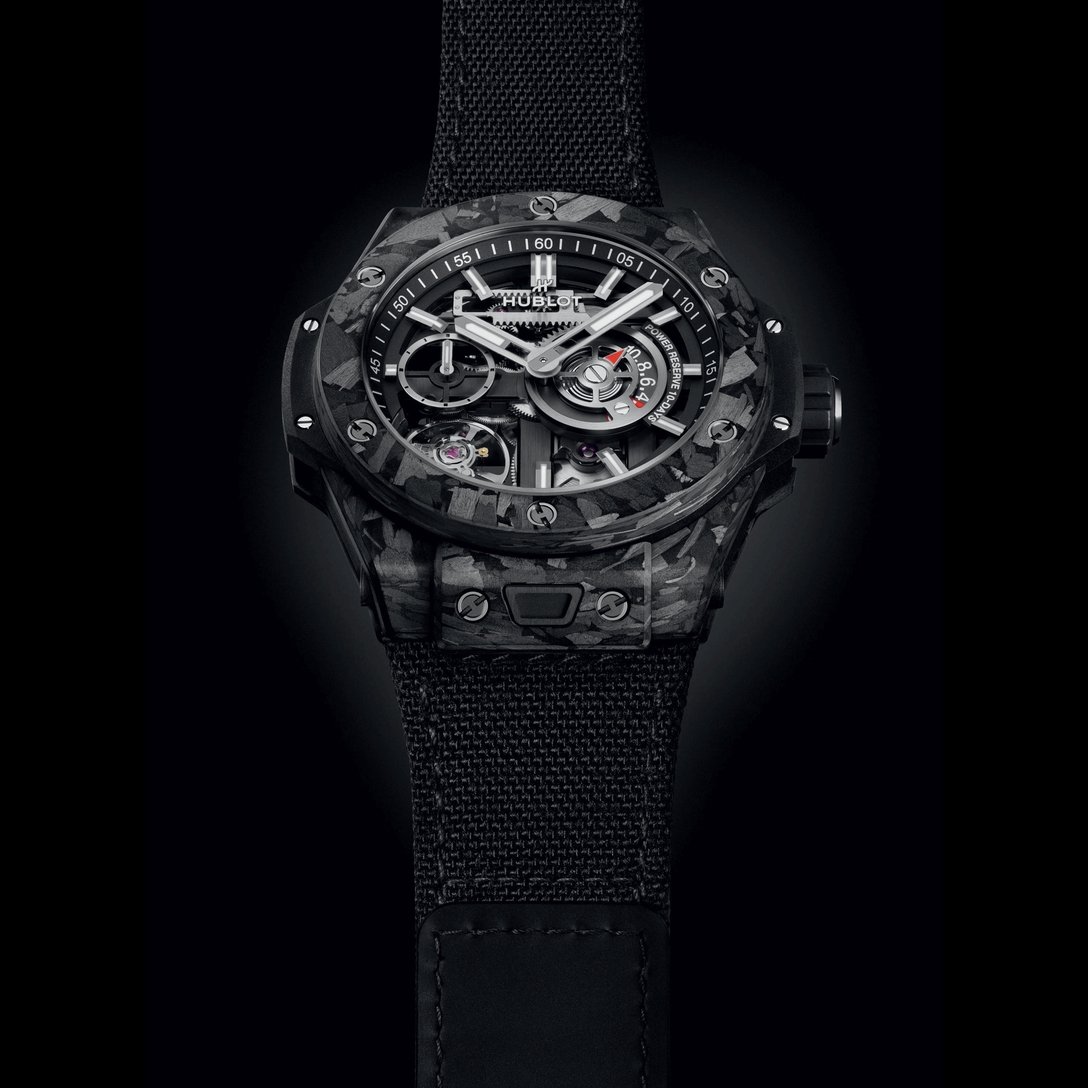 Hublot Big Bang Meca-10 Frosted Carbon mechanical watch skeleton dial black fabric strap 42 mm 444.QN.1170.NR