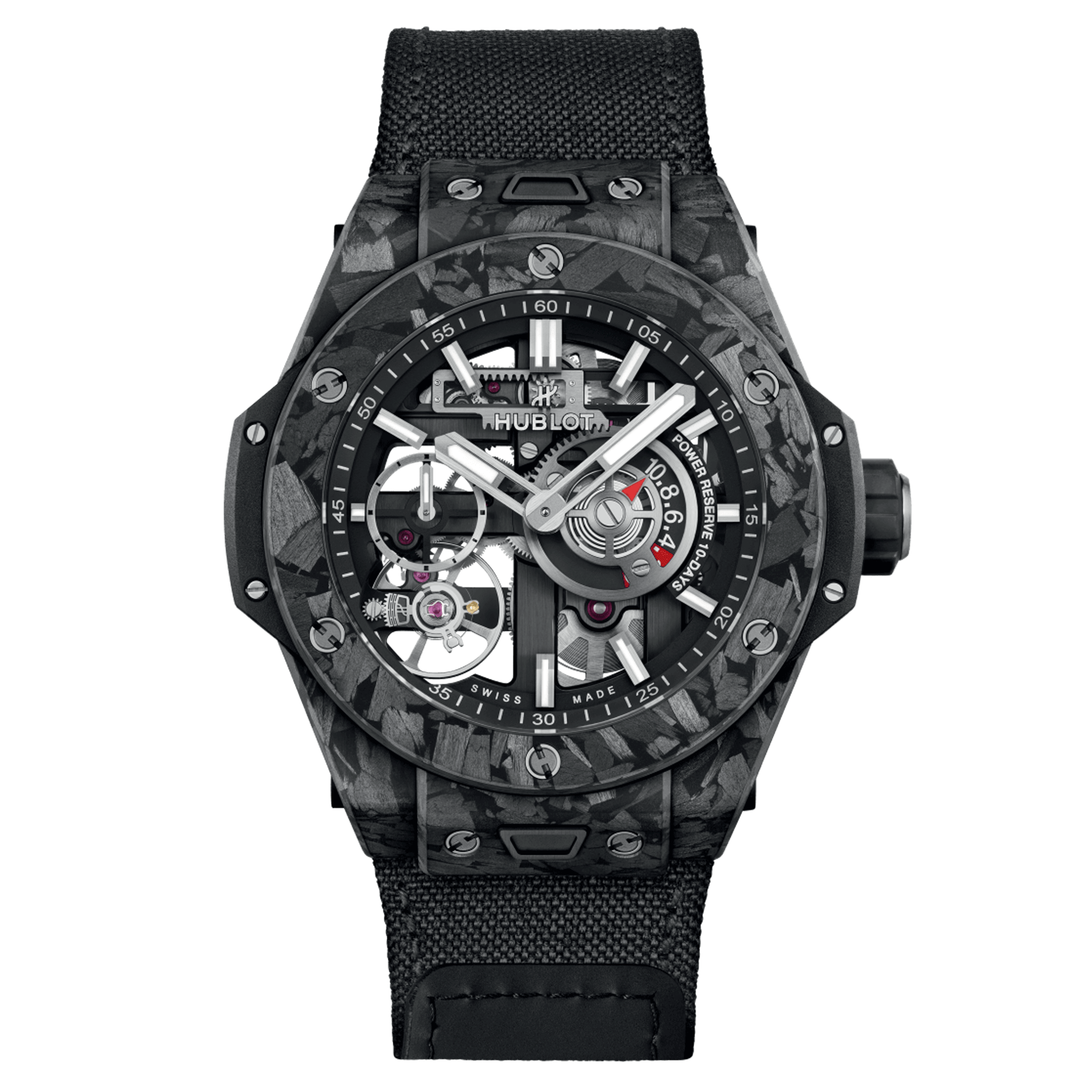 Hublot Big Bang Meca-10 Frosted Carbon mechanical watch skeleton dial black fabric strap 42 mm 444.QN.1170.NR