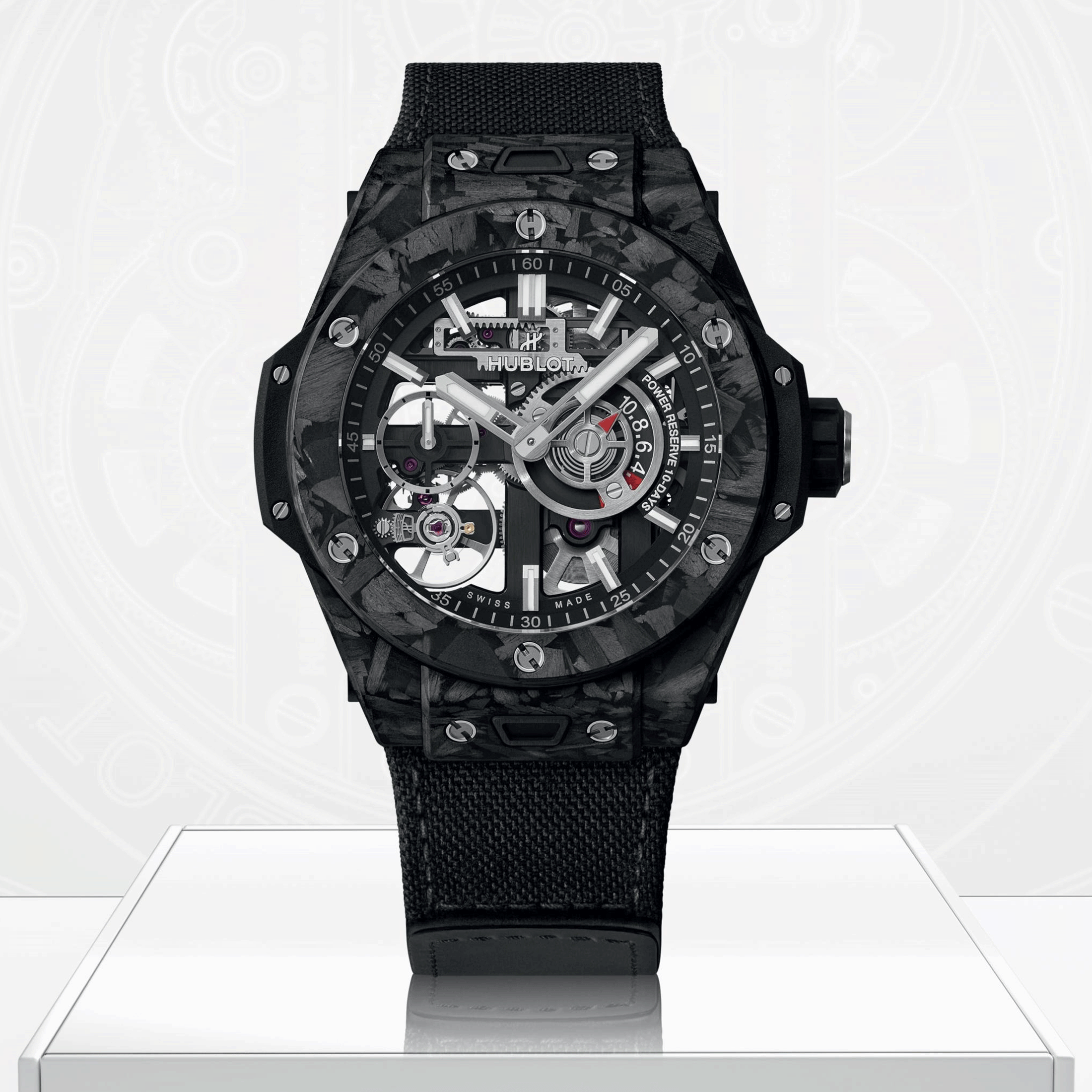 Hublot Big Bang Meca-10 Frosted Carbon mechanical watch skeleton dial black fabric strap 42 mm 444.QN.1170.NR