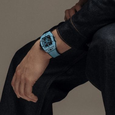 Hublot Spirit of Big Bang Sky Blue Ceramic automatic watch skeleton dial blue rubber strap 42 mm 642.EX.5110.RX