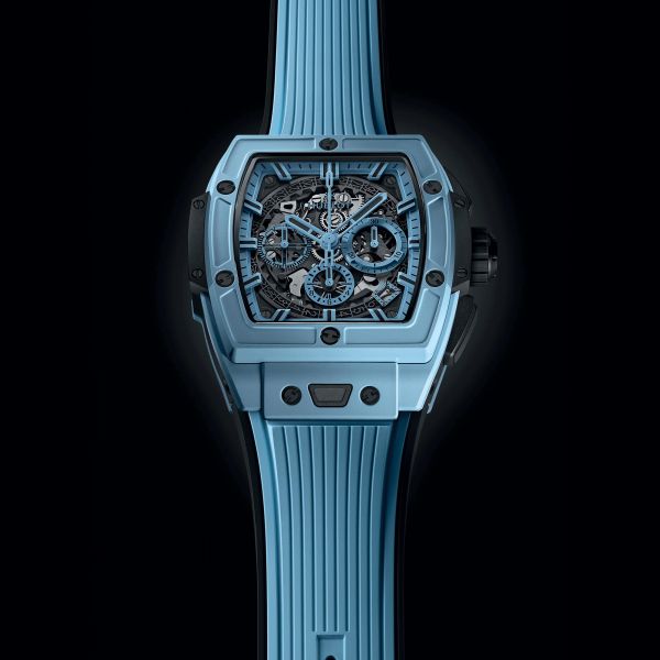 Hublot Spirit of Big Bang Sky Blue Ceramic automatic watch skeleton dial blue rubber strap 42 mm 642.EX.5110.RX