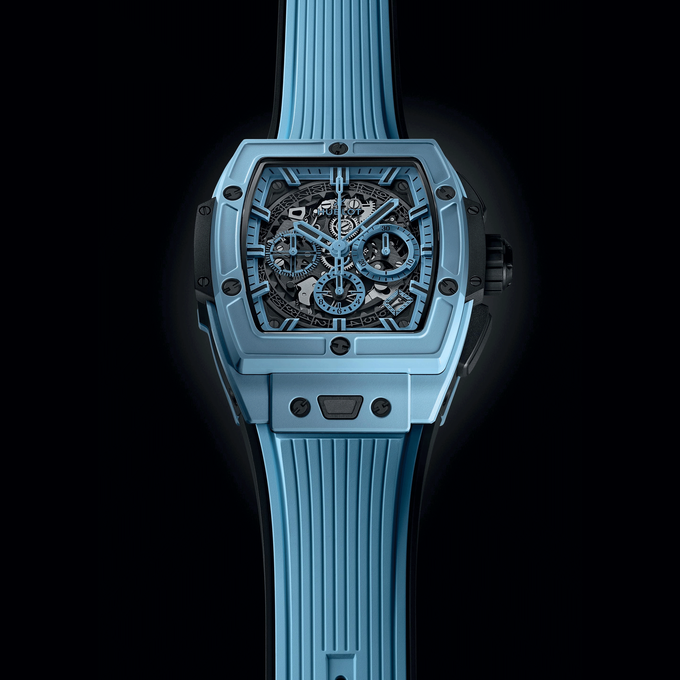 Hublot Spirit of Big Bang Sky Blue Ceramic automatic watch skeleton dial blue rubber strap 42 mm 642.EX.5110.RX