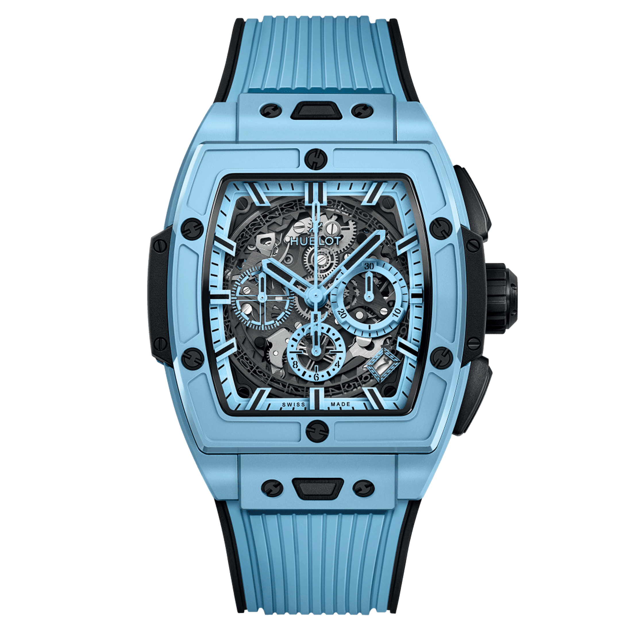 Hublot Spirit of Big Bang Sky Blue Ceramic automatic watch skeleton dial blue rubber strap 42 mm 642.EX.5110.RX