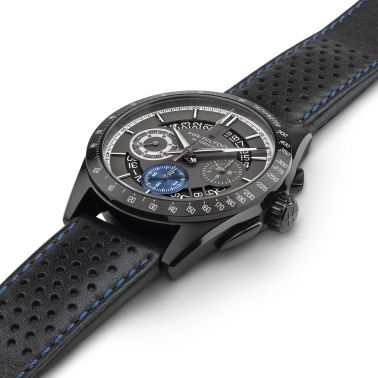 Hamilton Jazzmaster Performer Chronographe automatic watch black and blue dial black leather strap 42 mm