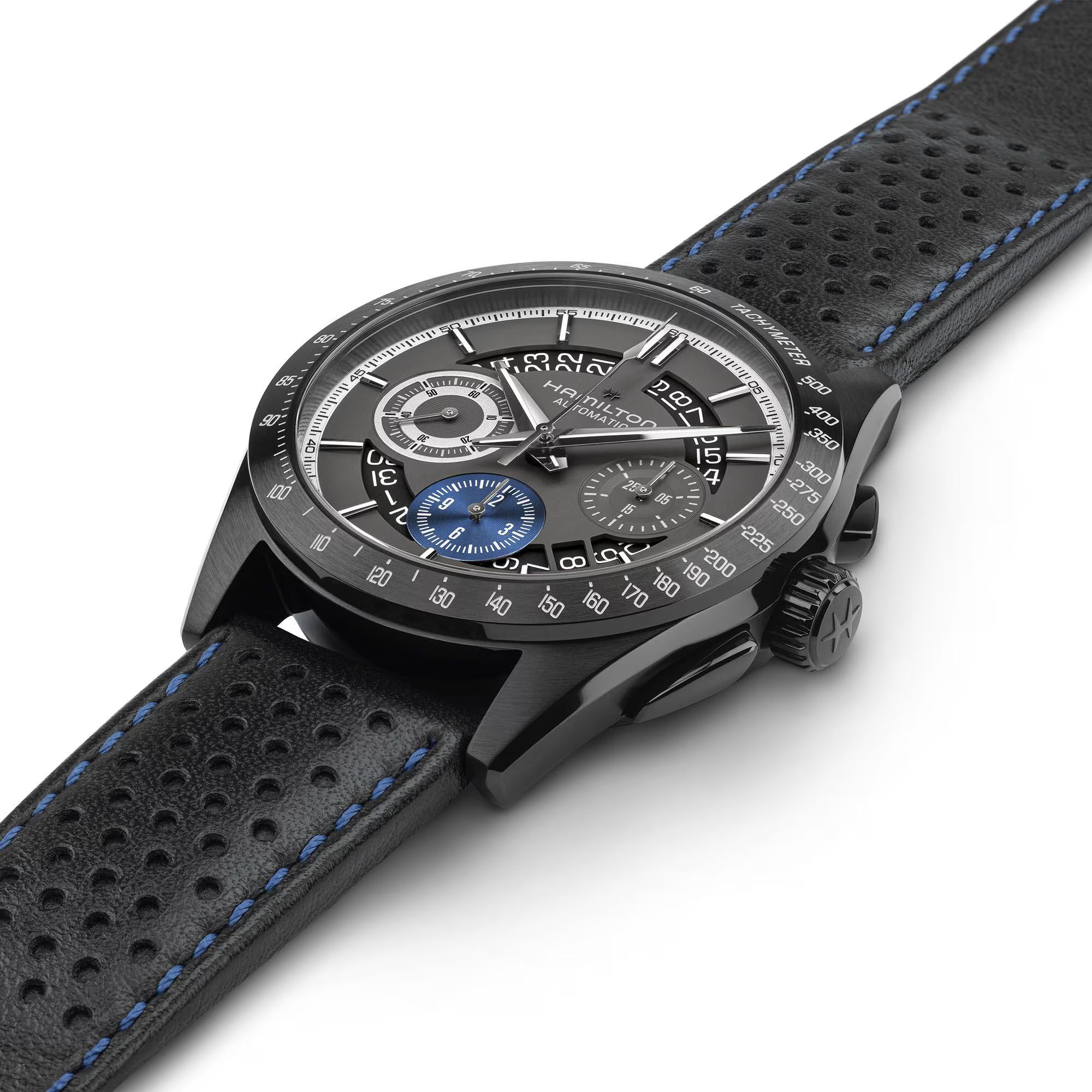 Hamilton Jazzmaster Performer Chronographe automatic watch black and blue dial black leather strap 42 mm