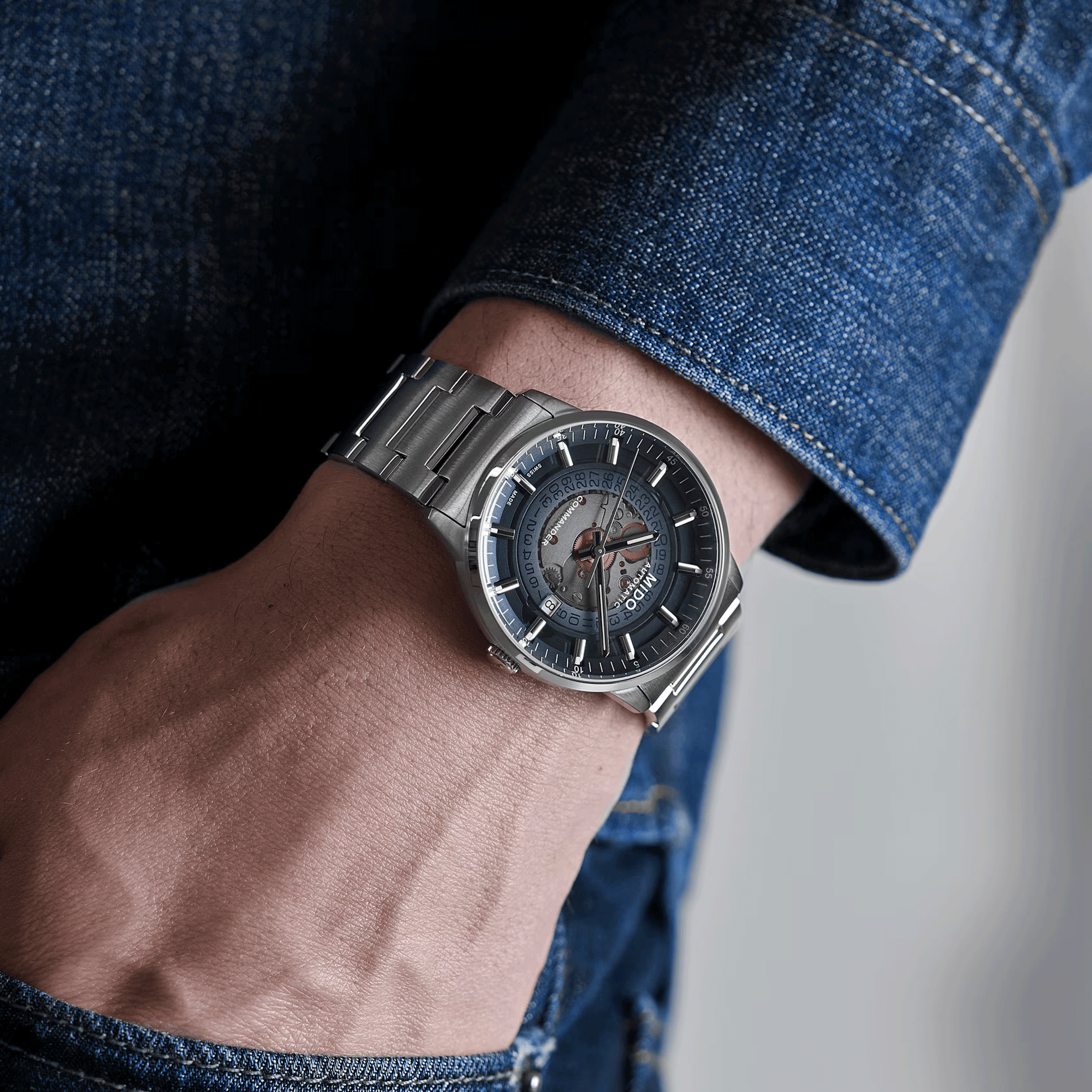 Mido Commander Gradient automatic watch blue smoked skeleton dial steel bracelet 40 mm M021.407.11.411.01