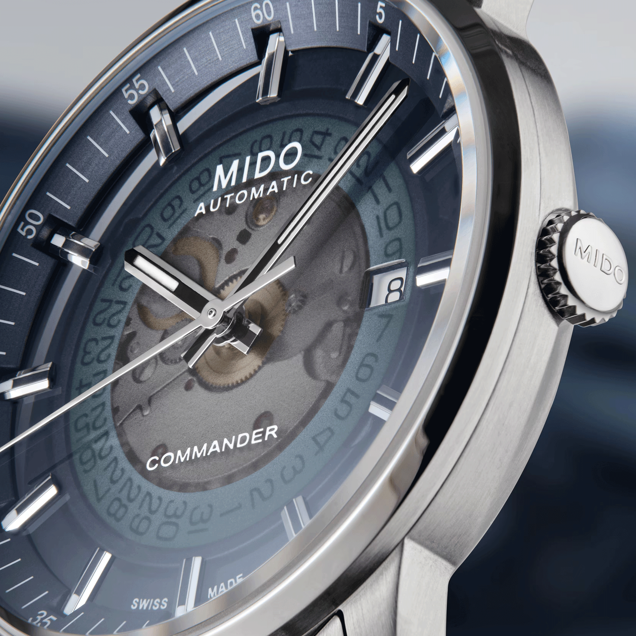 Mido Commander Gradient automatic watch blue smoked skeleton dial steel bracelet 40 mm M021.407.11.411.01