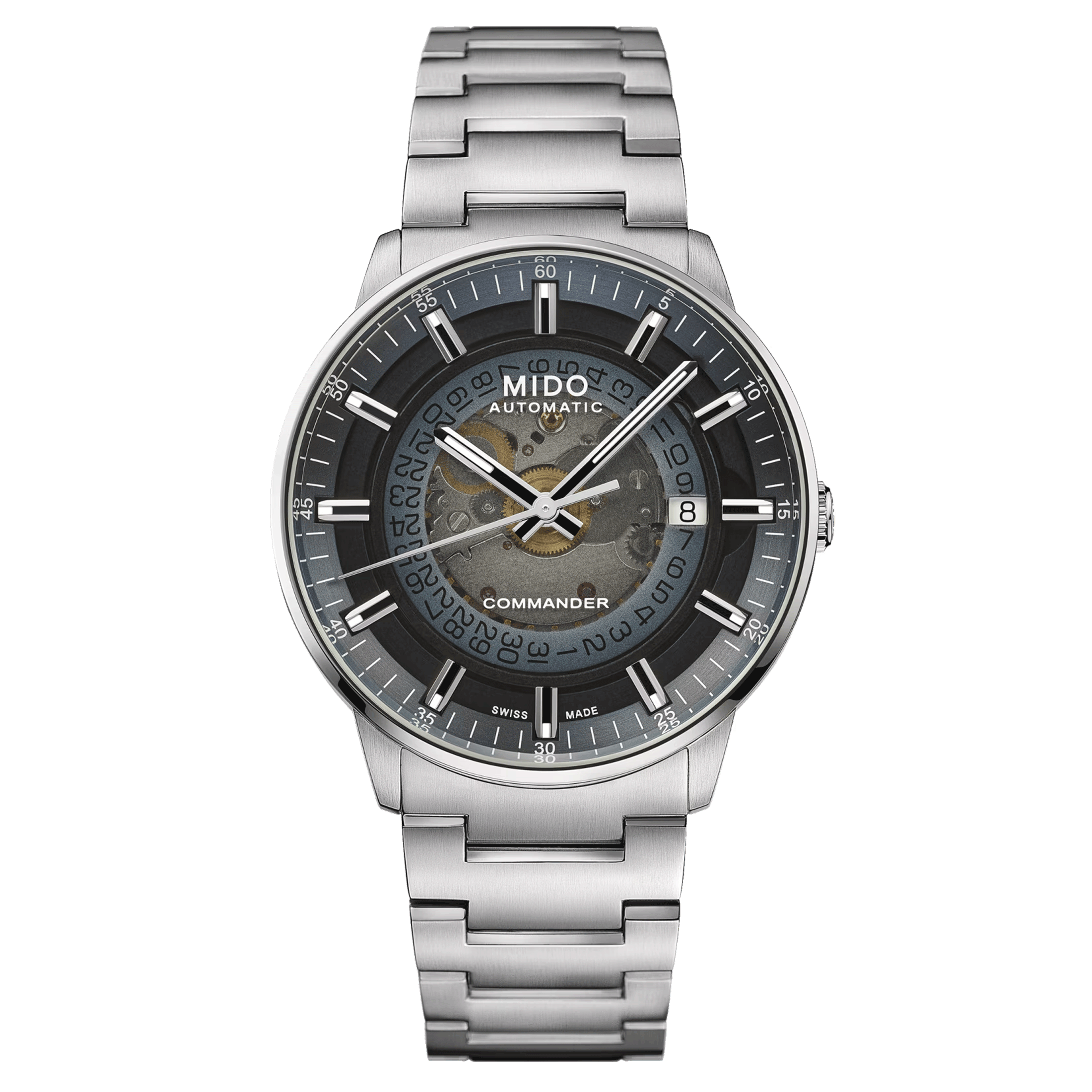 Mido Commander Gradient automatic watch blue smoked skeleton dial steel bracelet 40 mm M021.407.11.411.01