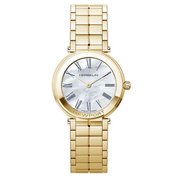 Herbelin Newport Slim quartz watch Roman numerals white mother-of-pearl dial steel bracelet PVD yellow gold 32 mm 16922BP09