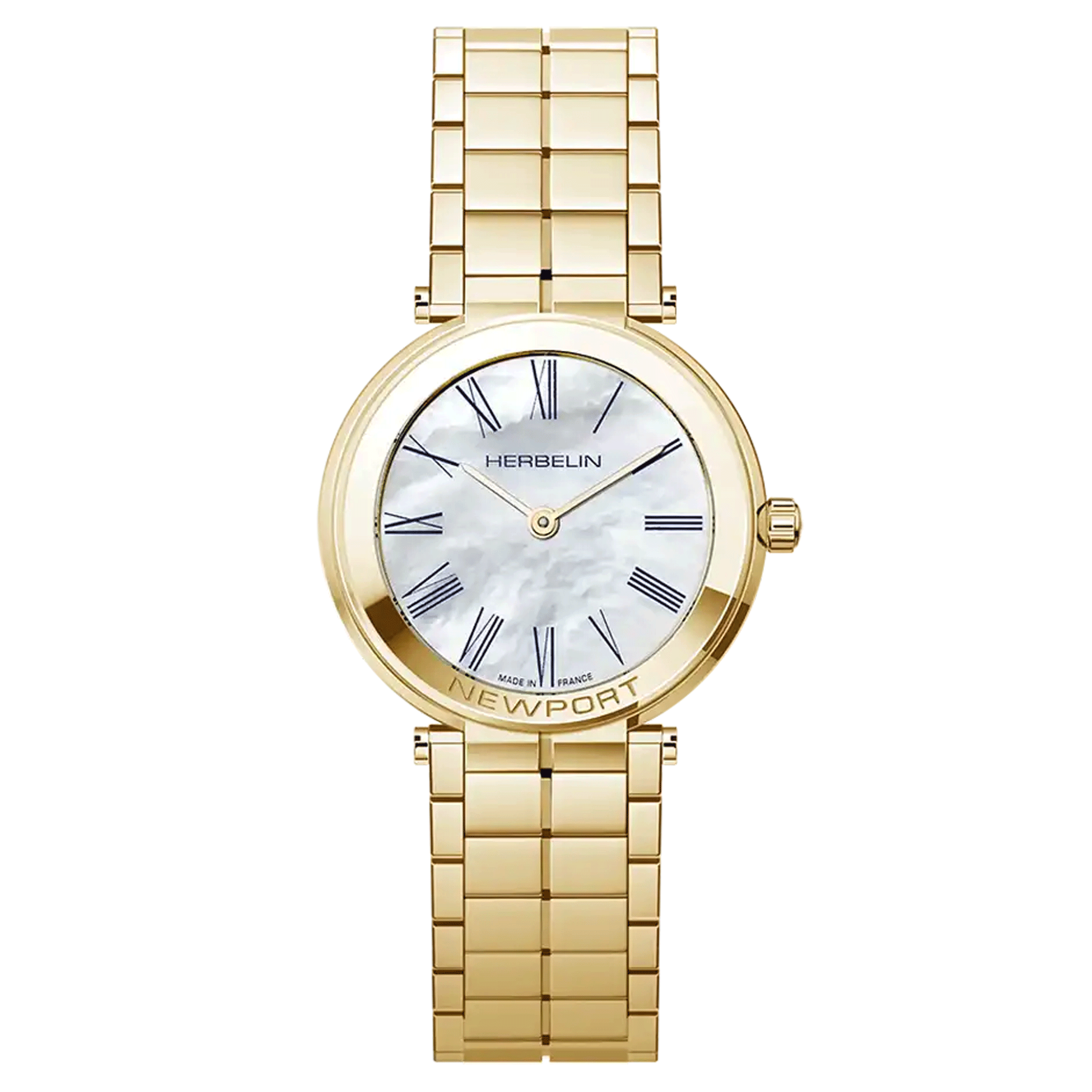 Herbelin Newport Slim quartz watch Roman numerals white mother-of-pearl dial steel bracelet PVD yellow gold 32 mm 16922BP09