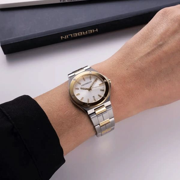 Herbelin Cap Camarat Bicolor quartz watch silver dial steel bracelet and yellow gold PVD 33 mm 14545BT11N