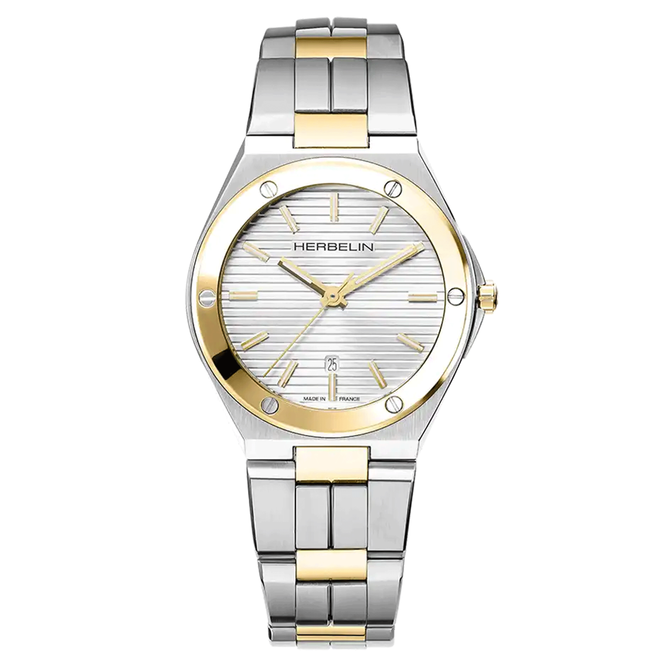 Herbelin Cap Camarat Bicolor quartz watch silver dial steel bracelet and yellow gold PVD 33 mm 14545BT11N