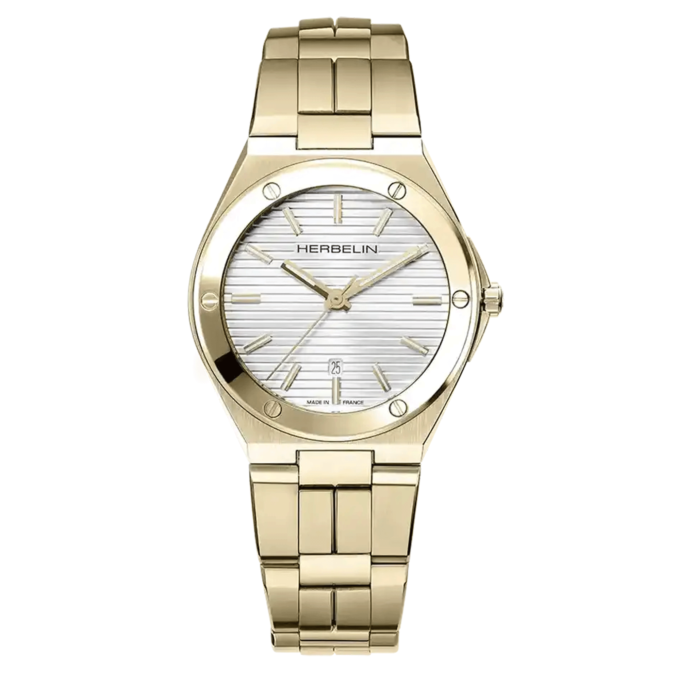 Herbelin Cap Camarat PVD Yellow Gold quartz watch silver dial steel bracelet PVD 33 mm 14545BP1N11