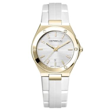 Herbelin Cap Camarat PVD Yellow Gold quartz watch silver dial white rubber strap 33 mm 14545P1N11CW