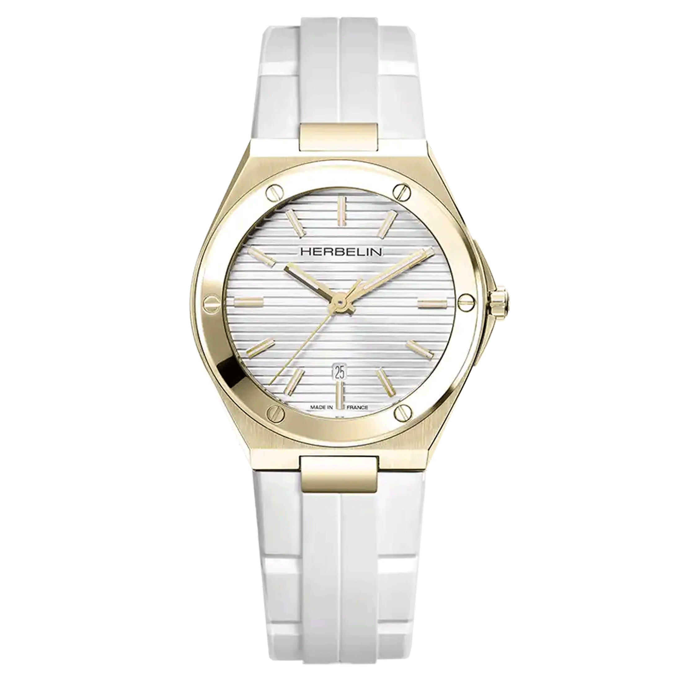 Herbelin Cap Camarat PVD Yellow Gold quartz watch silver dial white rubber strap 33 mm 14545P1N11CW