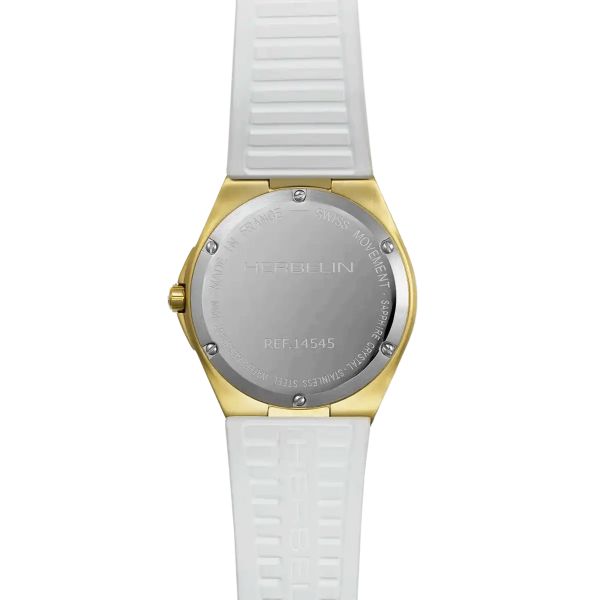 Herbelin Cap Camarat PVD Yellow Gold quartz watch silver dial white rubber strap 33 mm 14545P1N11CW